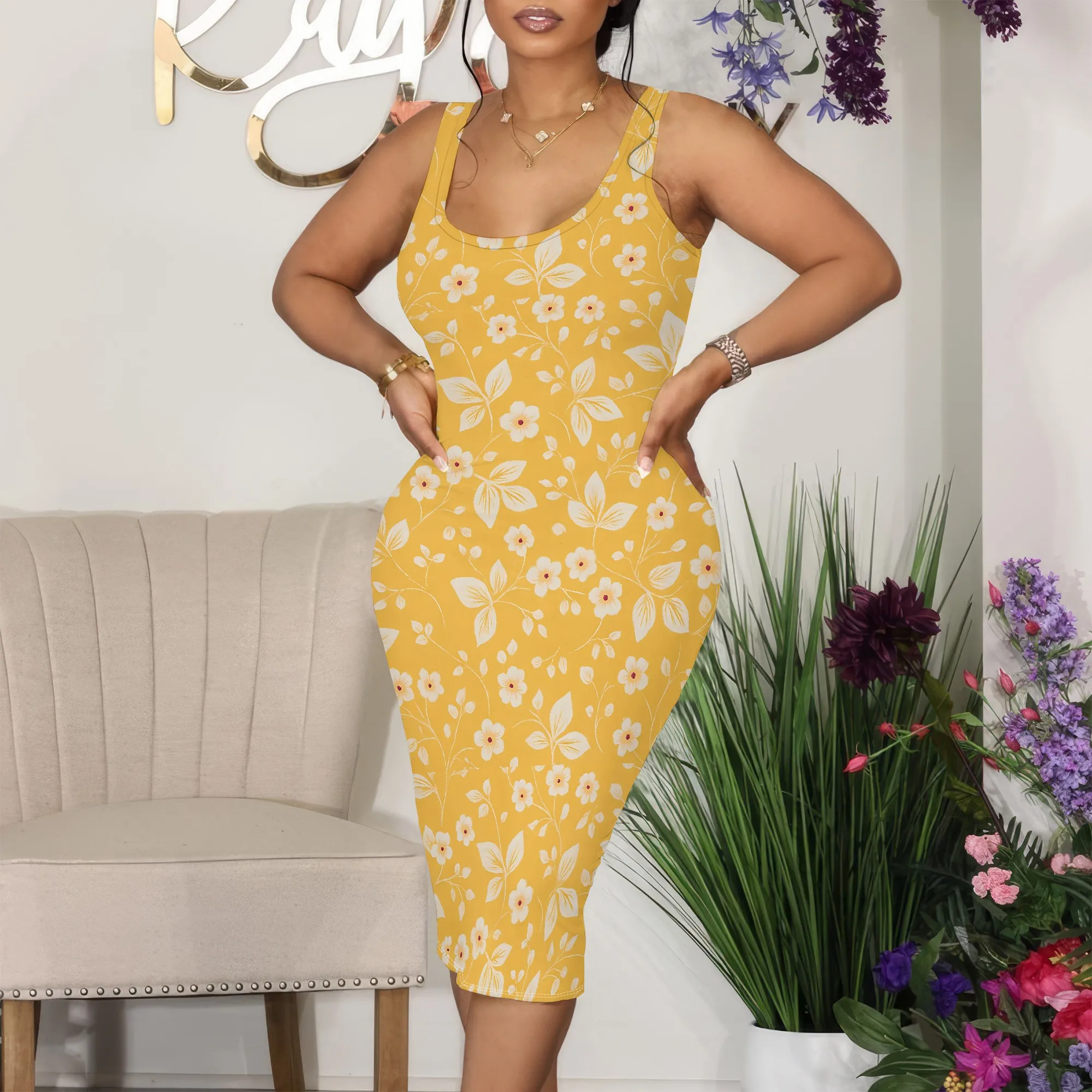 여성 캐주얼 여름 Bodycon 꽃 드레스 민소매 기본 Flowy A 라인 드레스 스트랩 꽃 프린트 Sundress