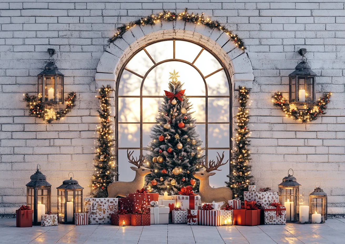 크리스마스 사진 배경 크리스마스 트리 장식 소품 화환 흰색 벽돌 벽 배경 벽난로 어린이 파티 사진 스튜디오