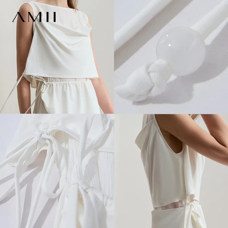 Amii minimalistische casual jurk dames 2023 zomer nieuwe kantoor dame lichte luxe mouwloze gebreide midi-jurken met trekkoord 12542115