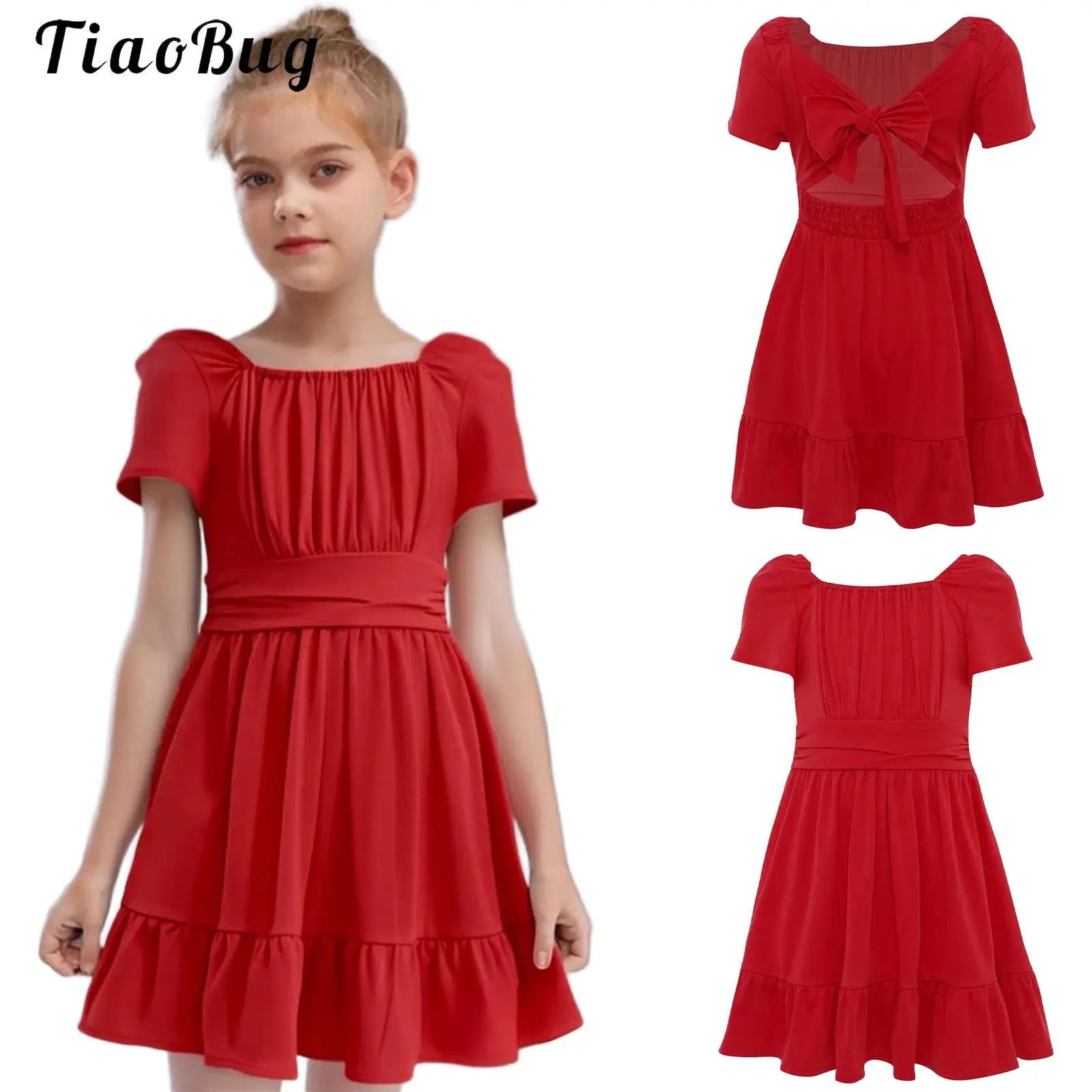 

Tie Back Kids Girls Dresses 2025 New Summer Ruffle Square Neck A-Line Princess Dresses Casual Midi Dress Short Sleeve Sundress