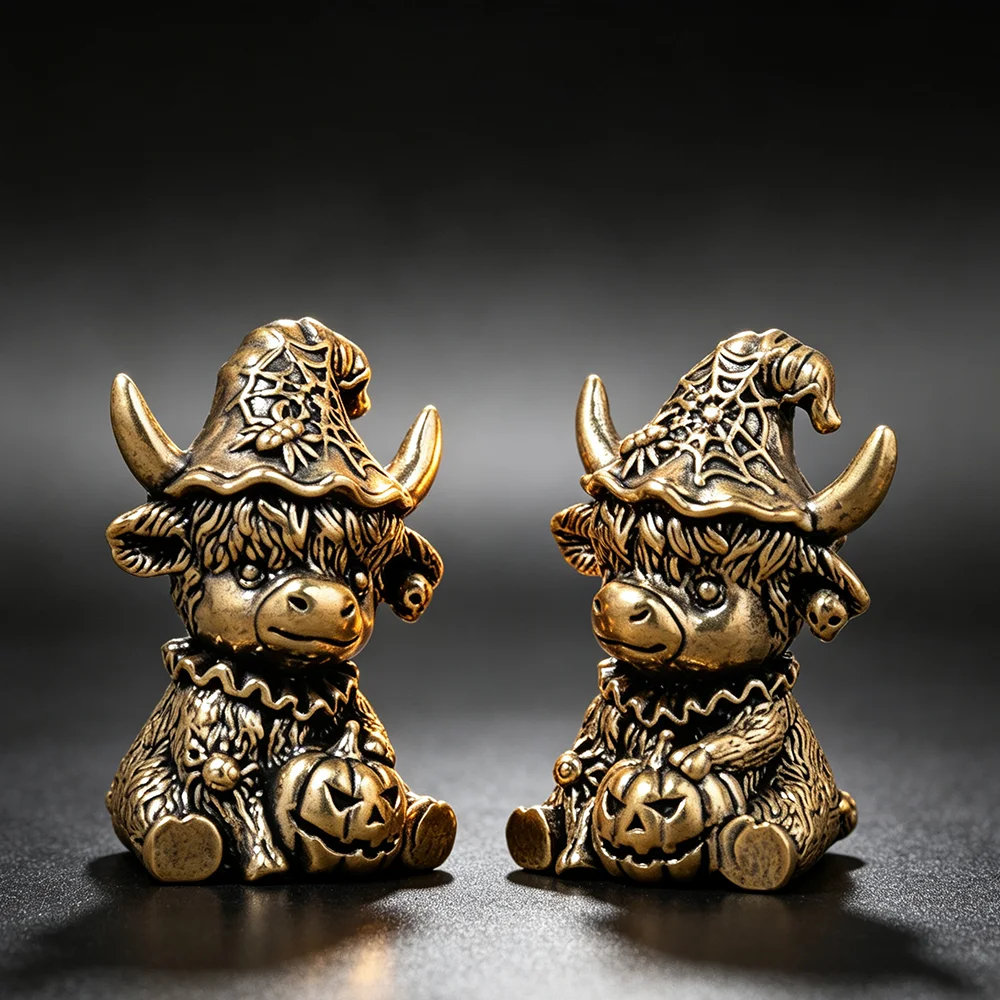 Vintage Brass Highland Cow Witch Miniature Statue Collectible Metal Ornament DIY Decoration Craft Gift for Men and Women