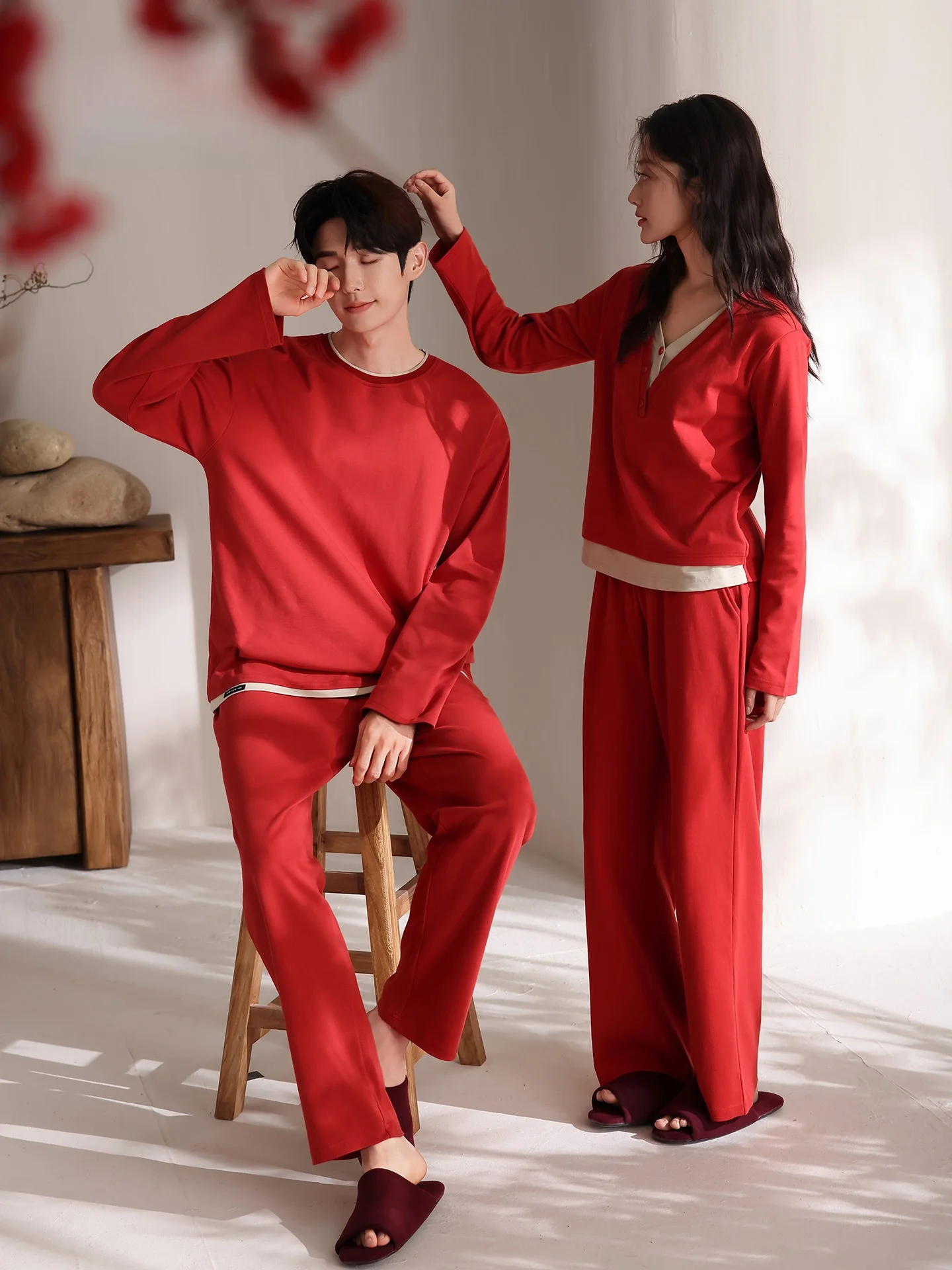 red-cotton-long-sve-spwear-couple-set-with-chest-pad-spring-autumn-pure-cotton-home-clothes-for-men-and-women
