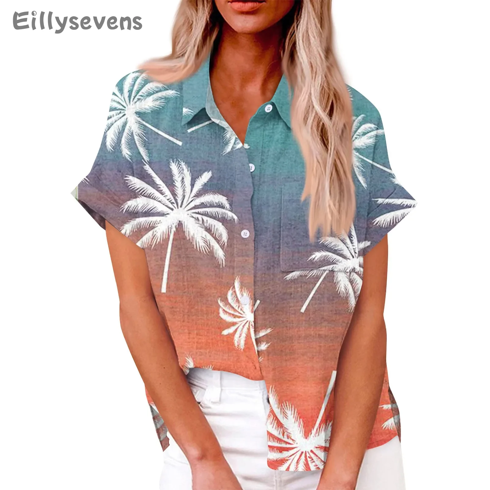 High-quality cotton and linen ladies shirt Fashion Hawaiian print shirts Loose Casual Short Sleeve Lapel top shirts & blouses