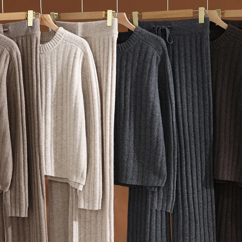 

ADDONEE Autumn Winter Women's Sweater Pants Set 100% Merino Wool Knitwear O-neck Pullover Wide Leg Pants Pleated Casual Style