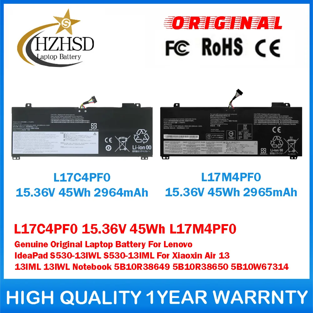 

L17C4PF0 15.36V 45Wh L17M4PF0 15.36V 45Wh Оригинальный аккумулятор для ноутбука Lenovo IdeaPad S530-13IWL/IML 5B10R38649
