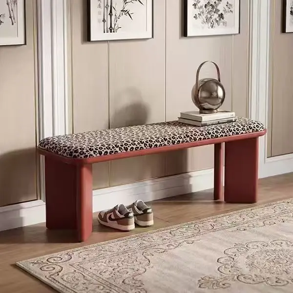 Paris Vintage Red Solid Wood Bench with Leopard Print Upholstery-Entryway Shoe Changing Stool & Bedroom End Bed Seating