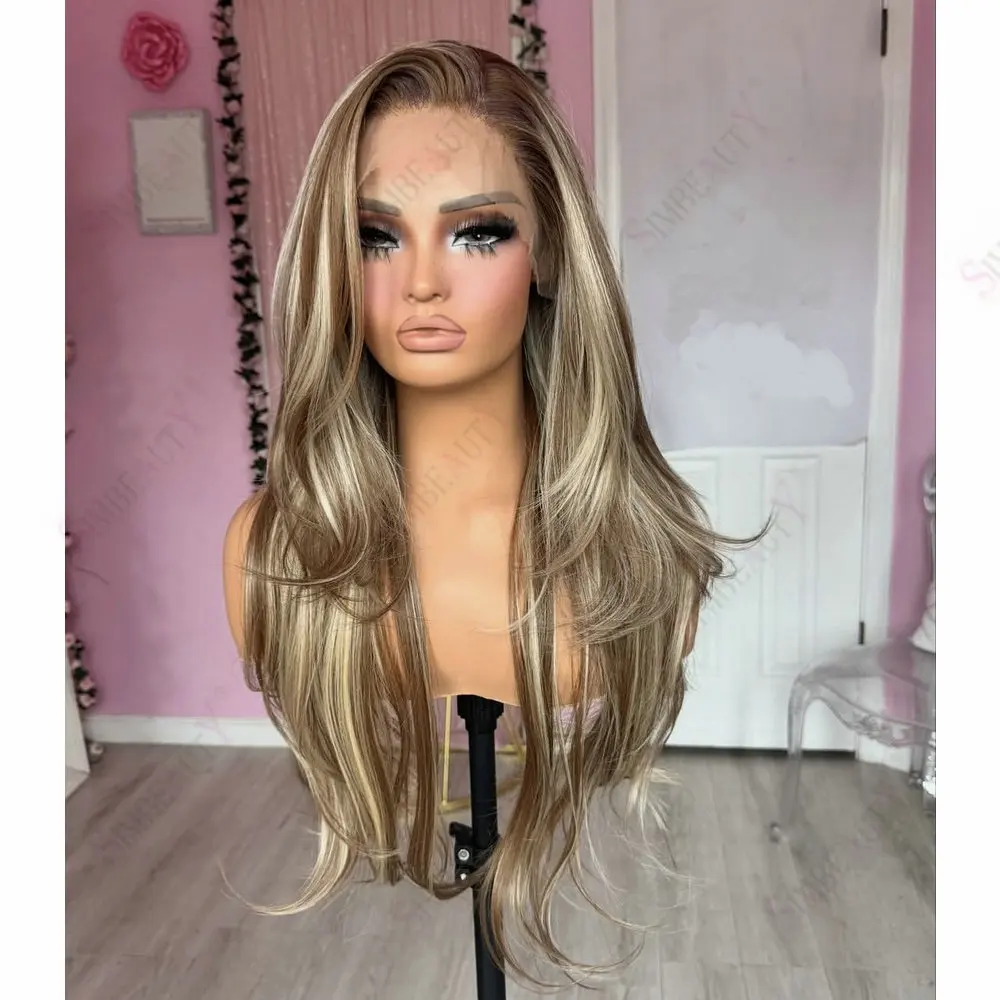 Ash Blonde Brown Hightlight 100% Human Hair 13*6Lace Front Wig for Women Natural Straight European Remy Full Lace Wigs Glueless