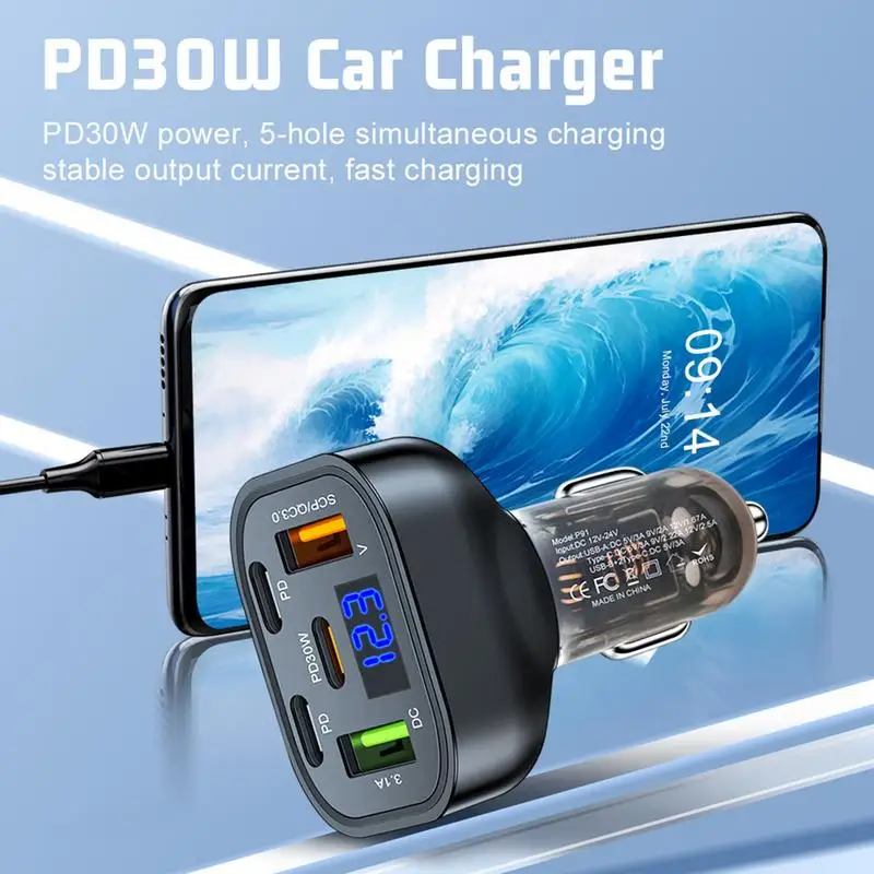 

Автомобильное зарядное устройство 100 Вт, 3 Type-C + 2 USB, быстрая зарядка