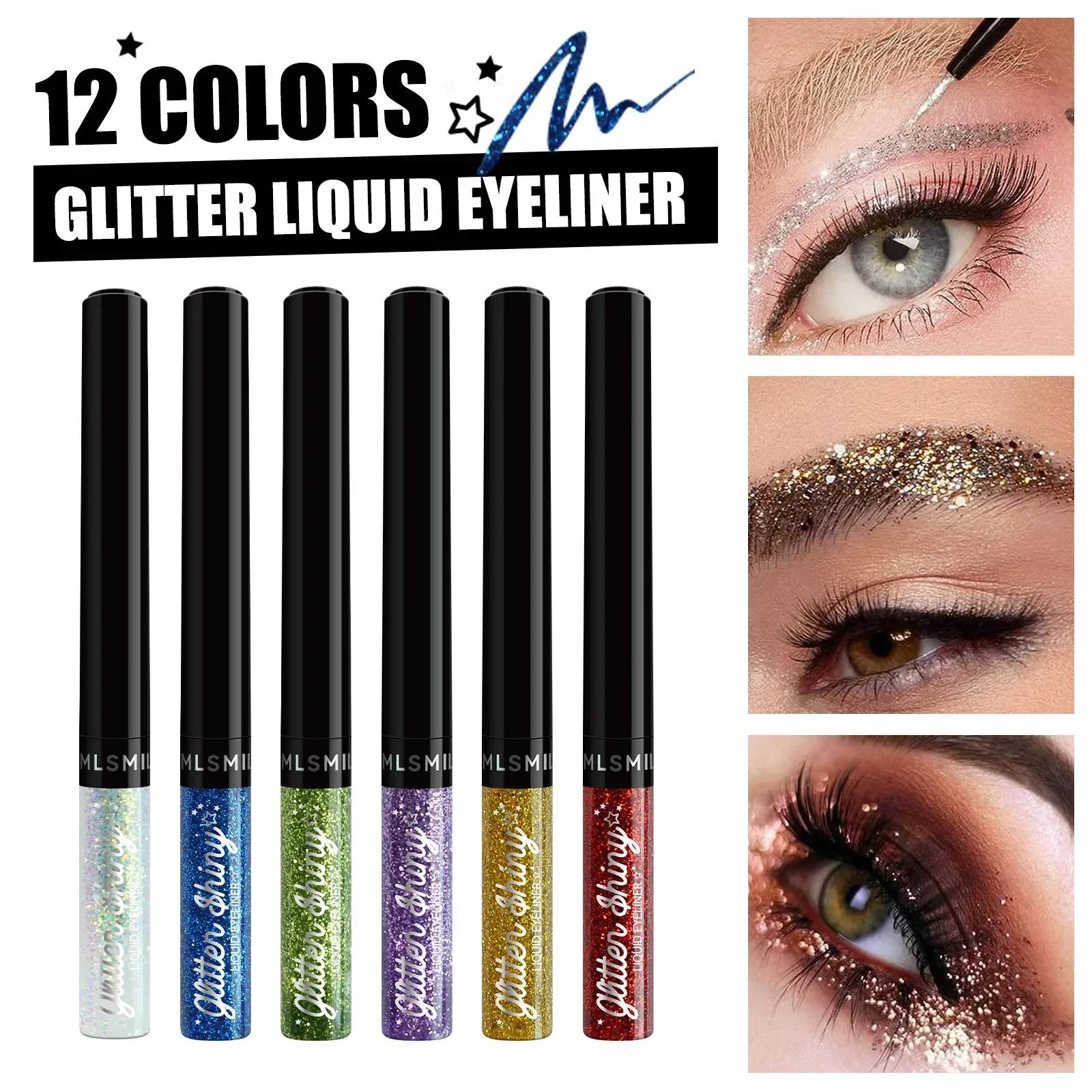 Diamante Shining Eyeliner, durável, impermeável, à prova de suor, 12 cores líquido sombra de olho, ferramentas de maquiagem profissional