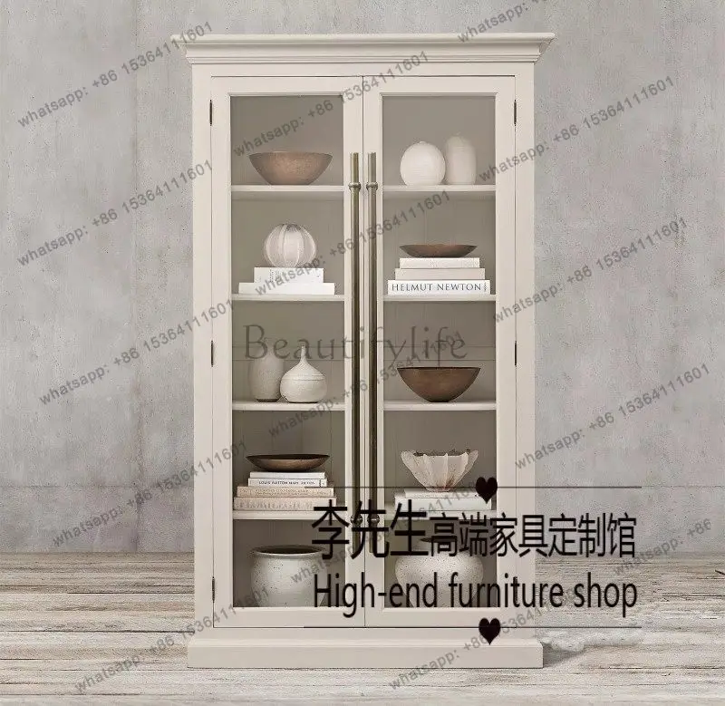 

American rural solid wood antique bookcase, French old double-door dining side cabinet