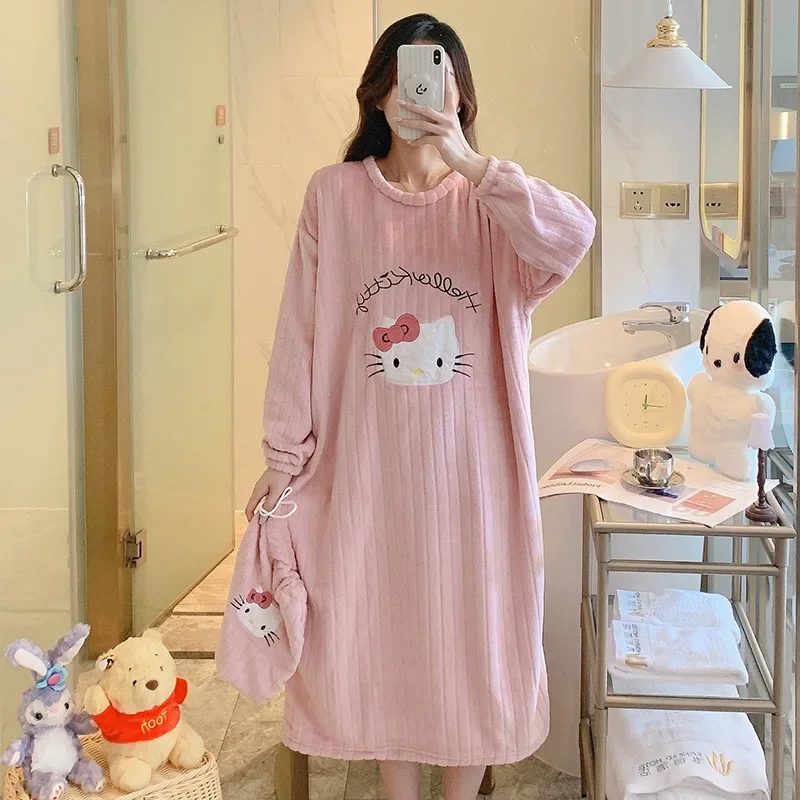 Hello Kitty Pink Pajamas Long Sleeve Round Neck Dress Autumn Homewear Winter Sleepwear Coral Velvet Costume for Women