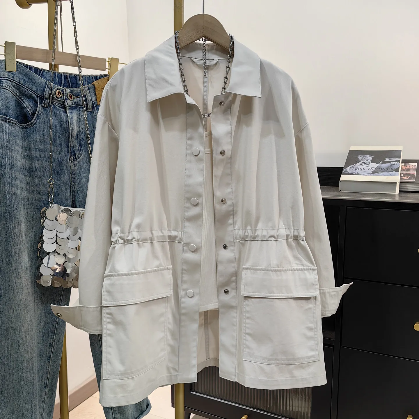 

SuperAen Spring 2026 new Safari-style coat women mid-length loose turn-down collar design oversize shirt coats