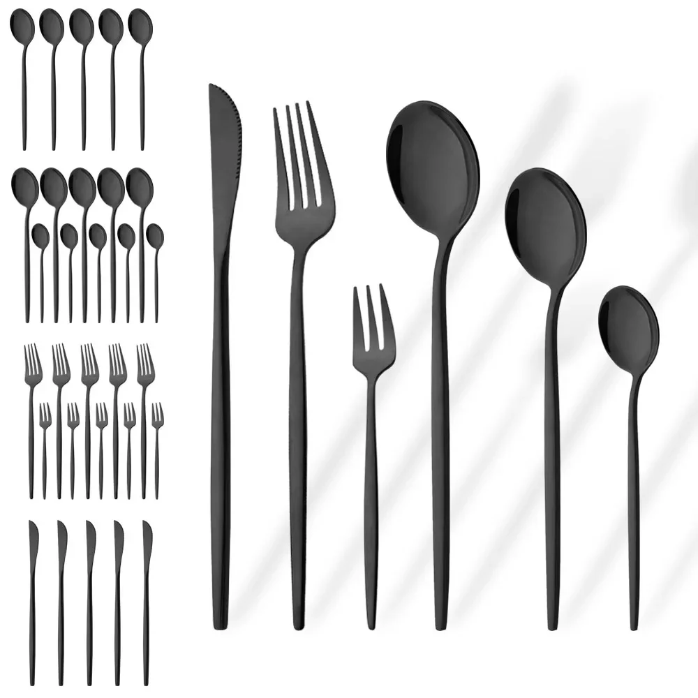 

36Pcs Black Cutlery Set Stainless Steel Flatware Mirror Knife Cake Fork Tea Spoon Western Dinnerware Set Luxury Tableware Set