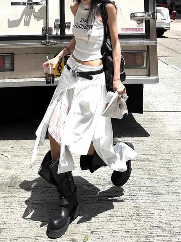 Frauen Midi Unregelmäßigen Rock Koreanische Süße Kpop Gyaru Coquette Y2k Harajuku Design Spitze Patchwork Split High Street E-mädchen neue