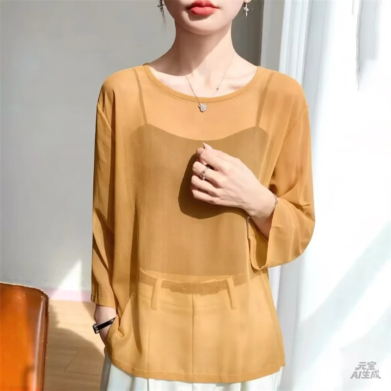 

Women's O-neck Chiffon Blouse See-through Thin Casual Sexy Loose Fit Work Office Top plus Size 5XL 6XL