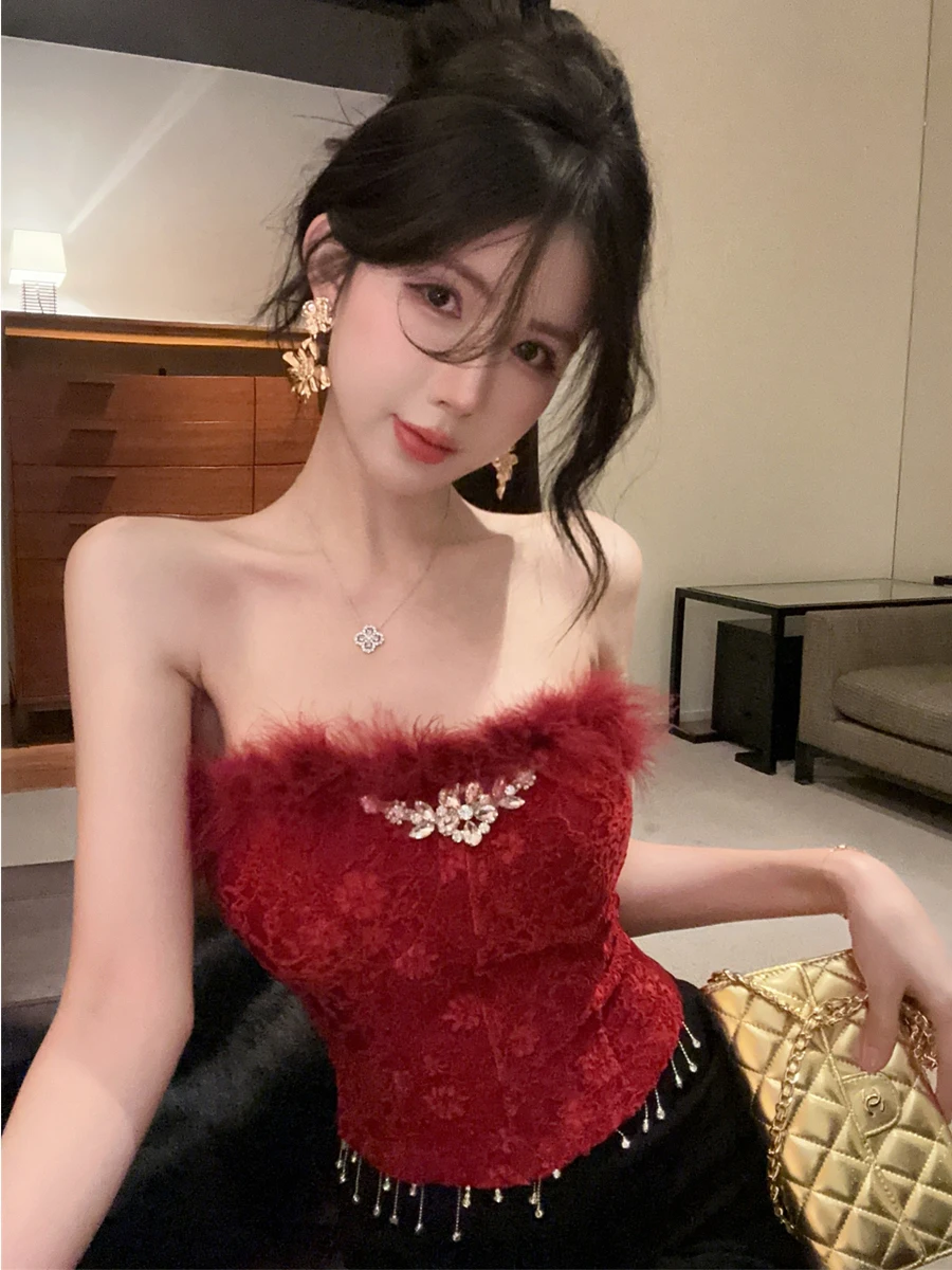 Sexy Short Sexy Backless Furry Tube Top Vest Advanced Sensation Diamond Embedded Slimming Trendy Outerwear Breathable Casual