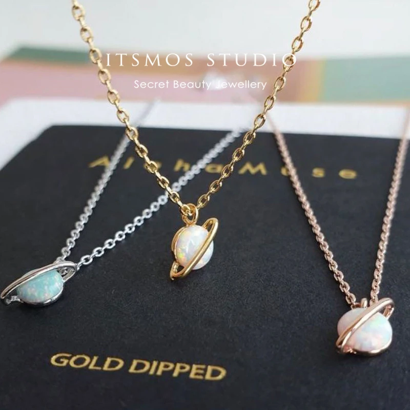 

ITSMOS Saturn Opal Pendant Necklace Female Opal Luxury Choker 14K Gold Plated Vintage Jewelry Necklace for Women Gift