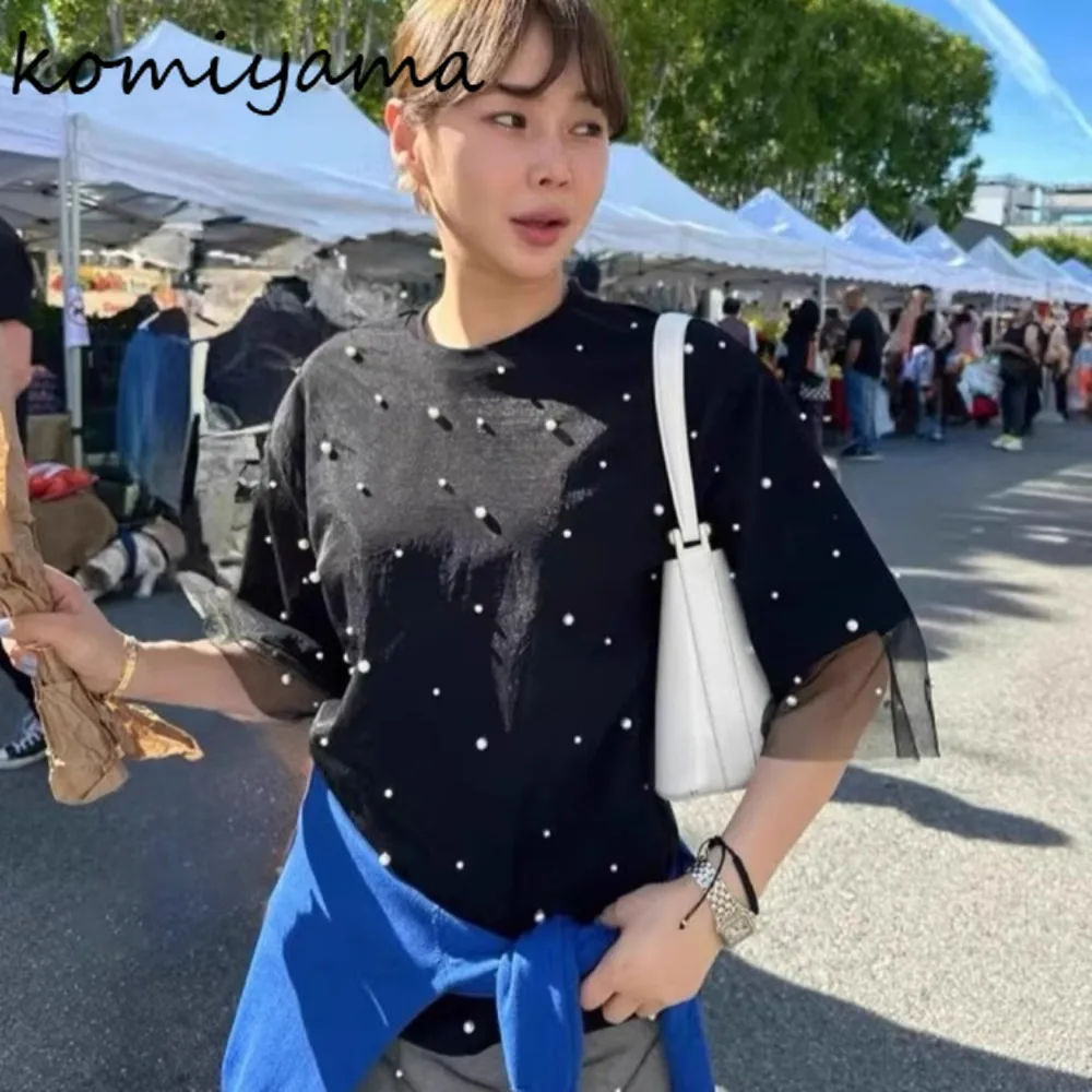 

Beads Mesh Ropa De Mujer Loose Woman 2025 Clothing O-neck Short Sleeve Clothes Korean Style T Shirt Summer New Roupas