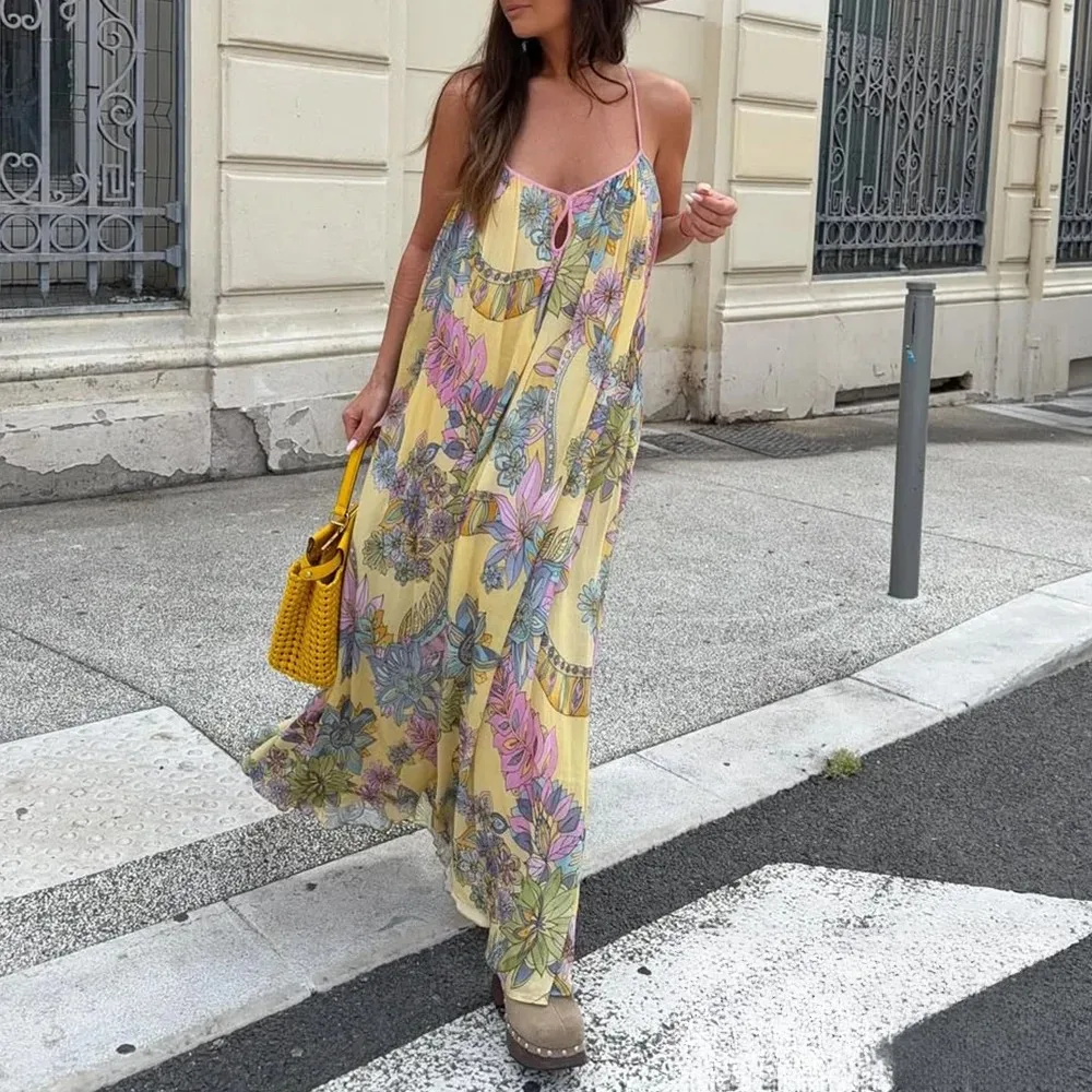 KONDALA Sexy Floral Print Chiffon Print Loose Dress Women Cami Loose Beach Dress Fashion 2025 Summer Backless Female Dress