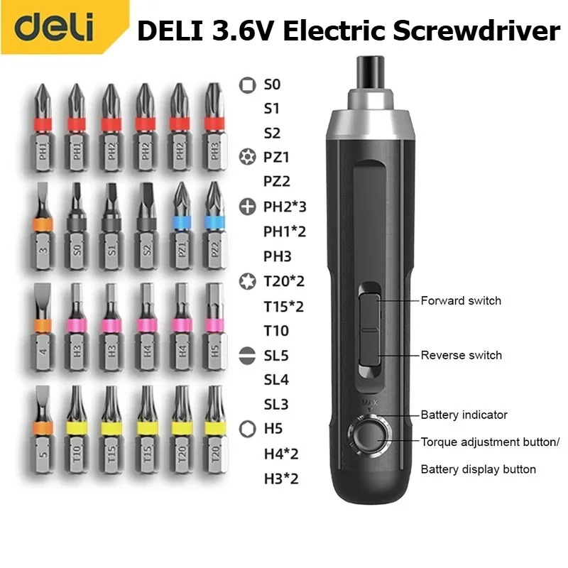 Deli Electric Screwdriver Wireless Rechargeable Lithium Battery Screwdriver with LED Lamp Cordless Drill 3.6V Electric Tool Set
