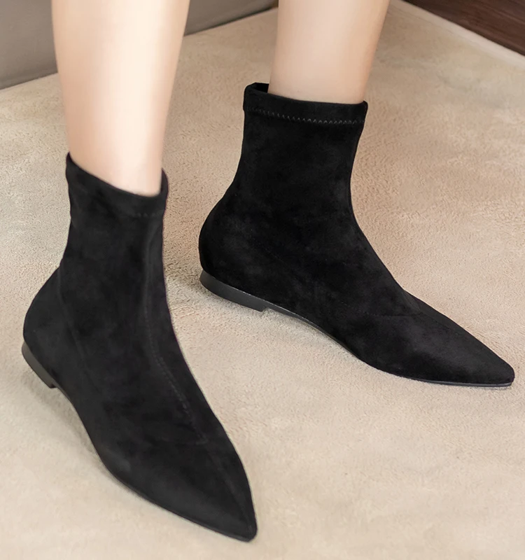 2023 Women\'s Flock Classic Black Ankle Boots Shoes Pointed Toe Low Heels Big Size 41 Short Boots Women Comfortable Dress Shoes