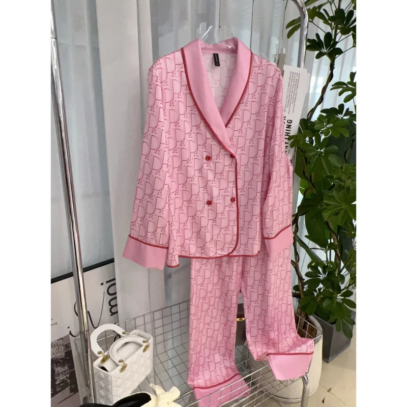 Fashionable High Quality Pink Letter Herringbone Ice Silk Women\'s Pajamas Comfortable Soft Satin Texture Thin Pyjamas Sets