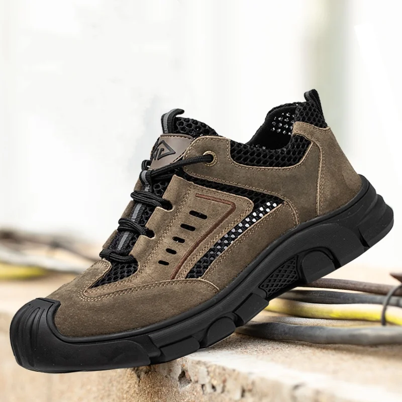 

men fashion breathable steel toe cap safety shoes cow suede leather welding work boots summer worker security footwear protect