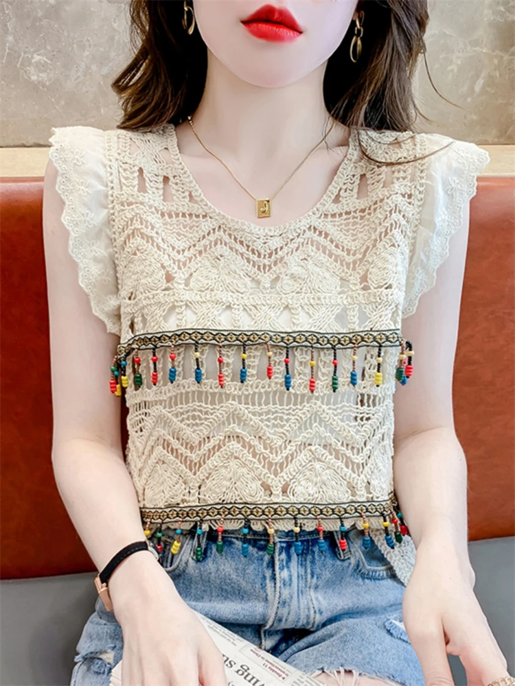 Ethnic Style Strapless Crop Top Women Summer Hollow out Loose Design Tassel Detail Sleeveless Trendy Outerwear