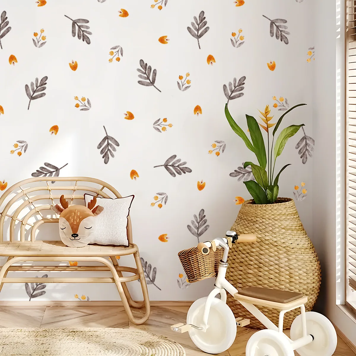 Wasserfarbene Blätter- und Beeren-Wandaufkleber, abnehmbare botanische Aufkleber in Grau-Orange, Boho-Dekor für Schlafzimmer und Wohnzimmer