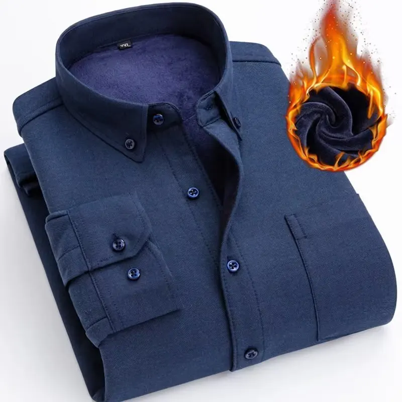 Thickened Fleece Warm Oxford Cloth Shirt Long Sleeve Casual Style for Young Men Winter Season Regular Fit Sharp Collar Pure C...