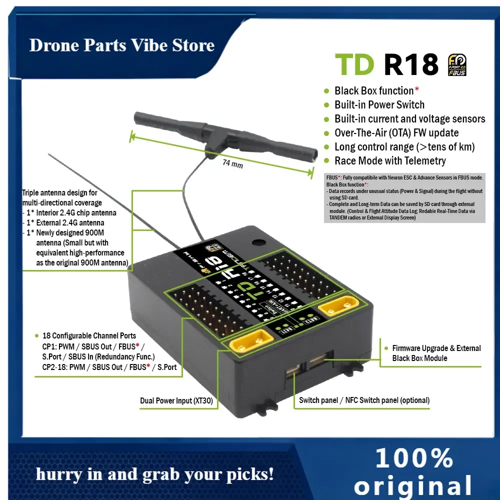 

Drone Parts FrSky 2.4G 900M Tandem Dual-Band Receiver TD R18 With 18CH Ports For Remote Control Systems