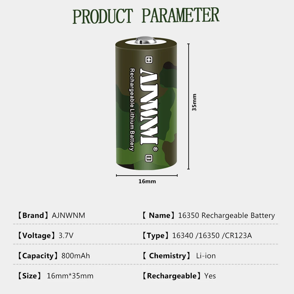 AJNWMN100 % originale 800mAh 3.7V Li-ion ricaricabile 16340 batterie CR123A batteria per torcia a LED 16340 16350 batteria CR123A