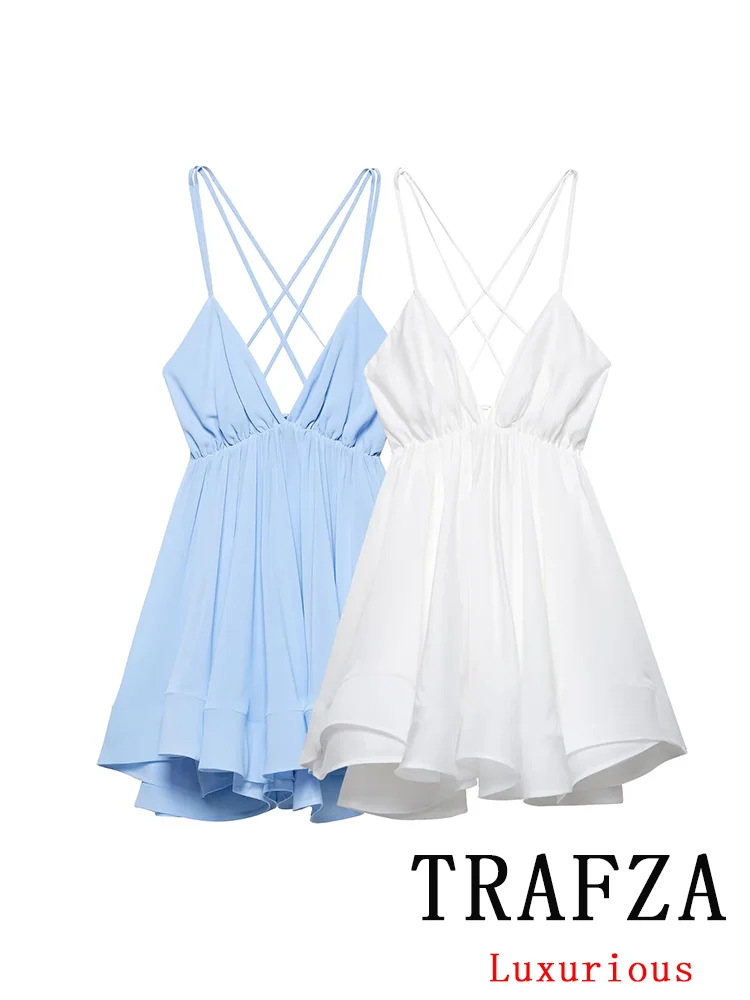 

TRAFZA Sexy Hotsweet Chic Solid Women Dress Backless Tie Up Mini A-Line Puffy Dress New Fashion 2025 Summer Beach Holiday Dress