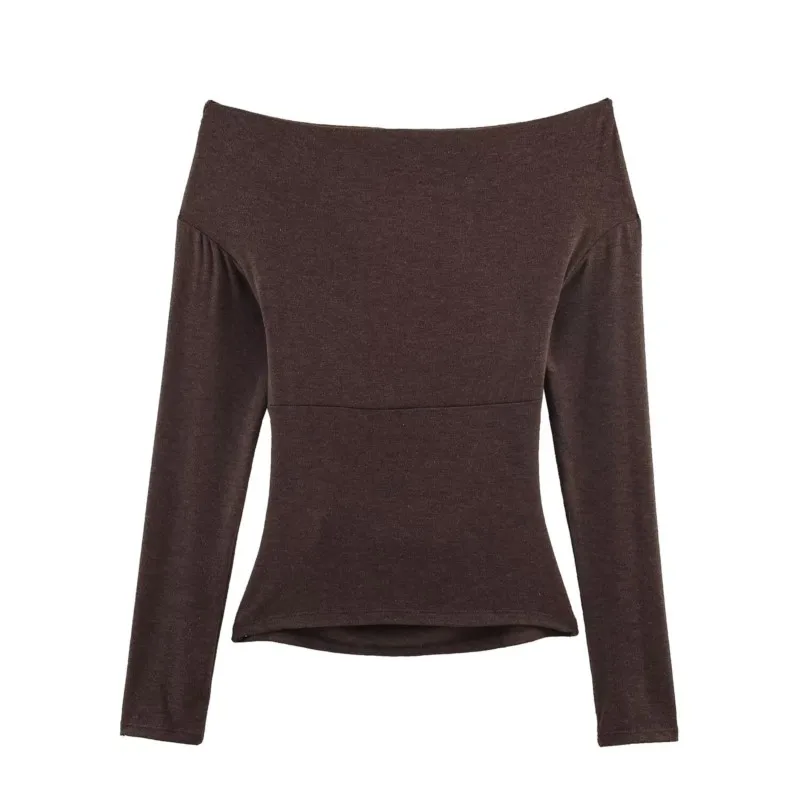 Top drapeado con cuello sobrepelliz para mujer, camiseta informal de manga larga para primavera y verano, Tops de calle con dobladillo recto para mujer