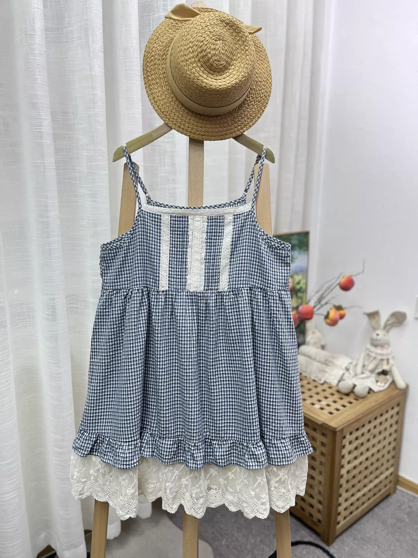 Japanese Sweet Mori Girl Vintage Floral Printed Slip Dress Women Sleeveless Spaghetti Strap Checkered A-Line Dress