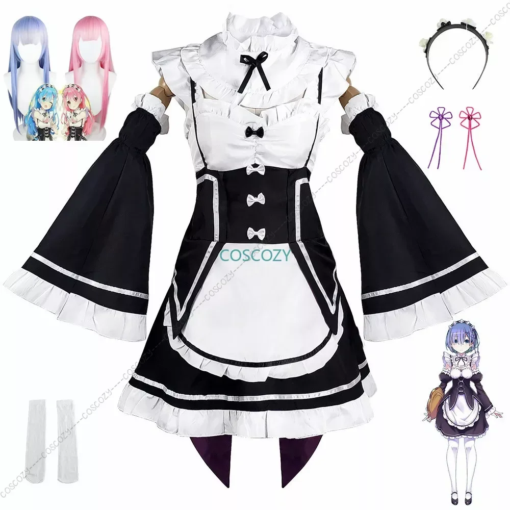 Ram/Rem Cosplay Re:zero Kara Hajimeru Isekai Seikatsu Long Wig Costumes Dress Headdress Party Suit Anime Maid Dress Costume