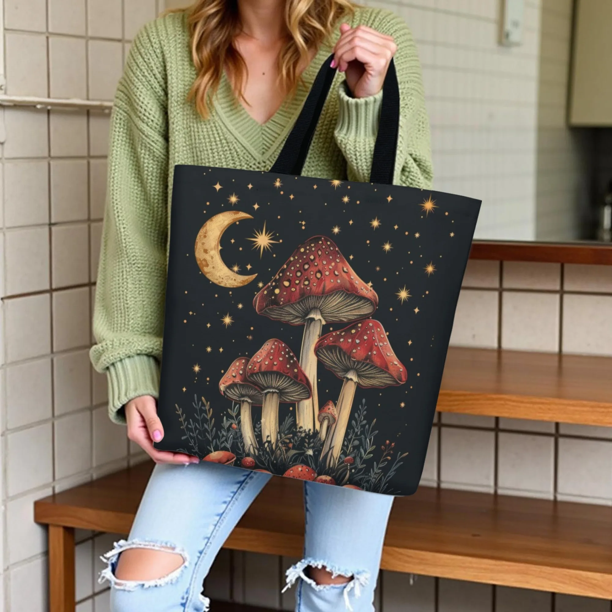 Black White Mushroom Pattern Double-Sided Printed Casual Tote Bag Lightweight Large Shopping Bag Cartoon Anime Shoulder Bag