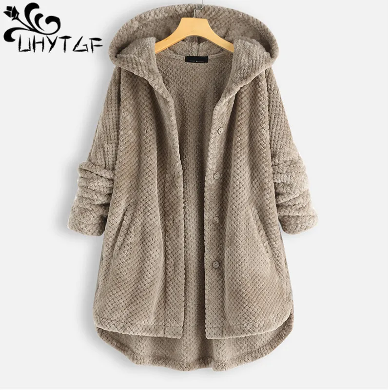 UHYTGF Coat Women\'s Quality Double-Sided Fleece Spring Autumn Jackets Female Hooded Single Breasted Casual Ladies Outerwear 1875