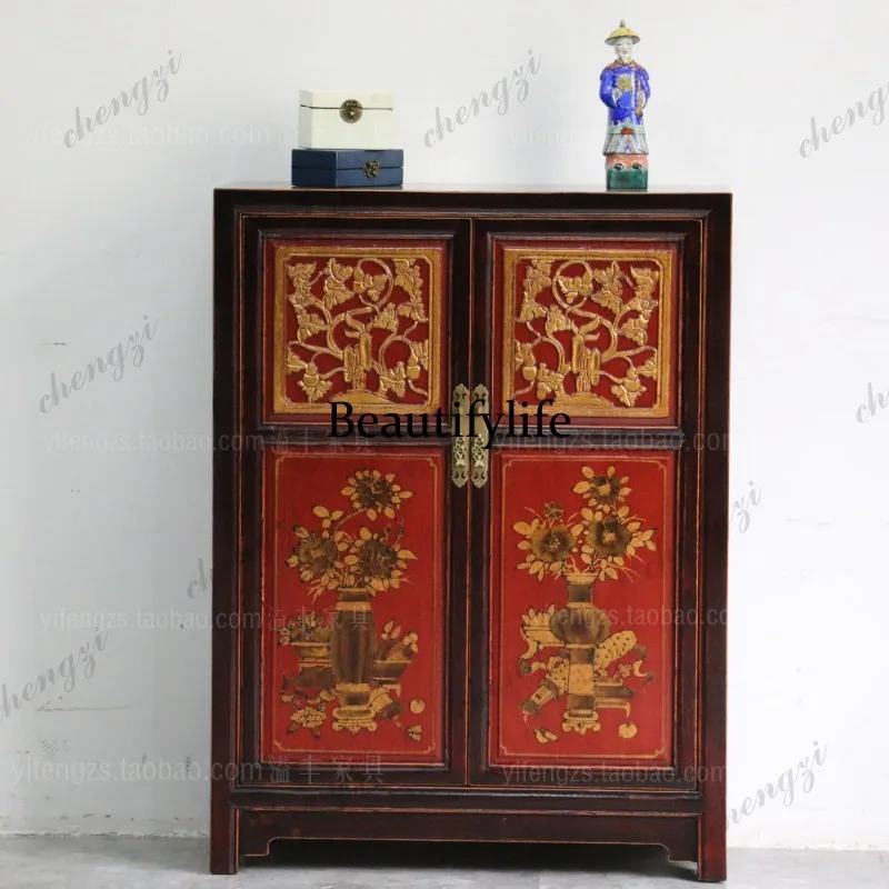 Vintage shoe cabinet for storage, two-door living room entryway cabinet, partition decorative cabinet, neoclassical solid wood