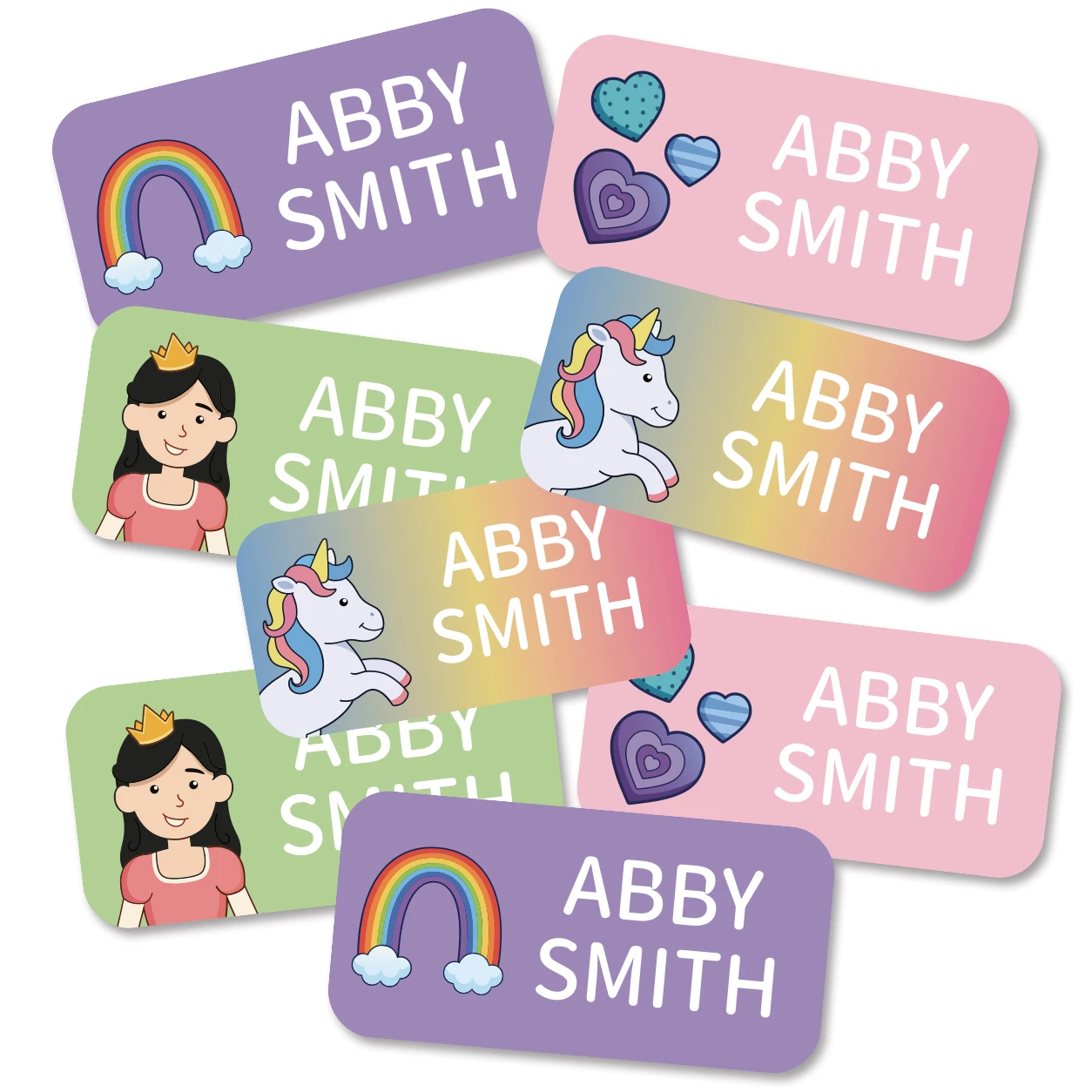 

72PCS Personalized Name Labels, Waterproof Unicorn Princess Stickers for Bottles, Bags, Notebooks, Stationery