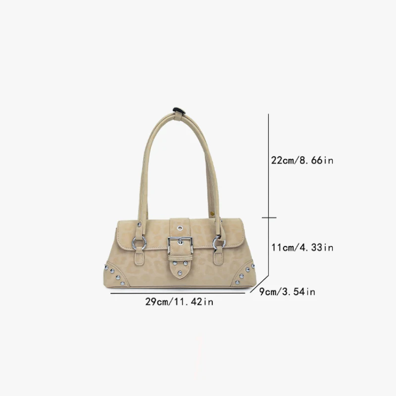 Leopardenmuster-Nieten-Unterarm-Schultertasche, Damen Vintage-Handtasche mit Schnallendesign, Y2k Mädchen Mode Party Retro Metall-Nieten-Handtasche – Detail 1
