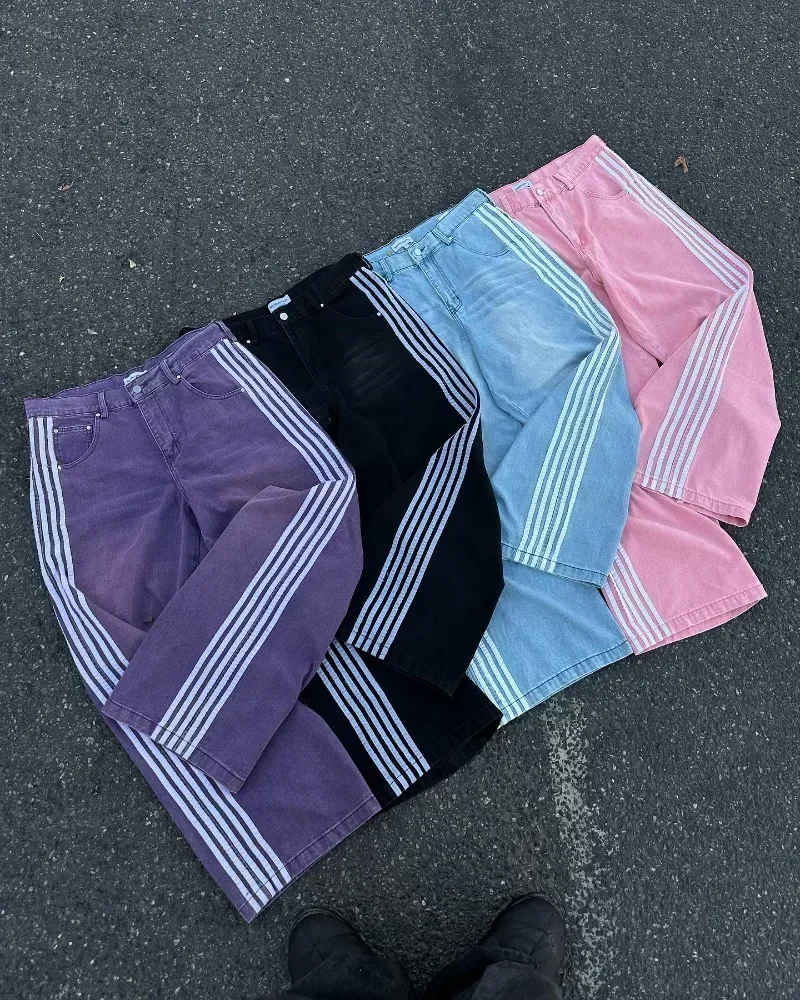 2025 Men's loose jeans vintage striped embroidered high waisted jeans men's women's casual pants Harajuku street loose wide leg