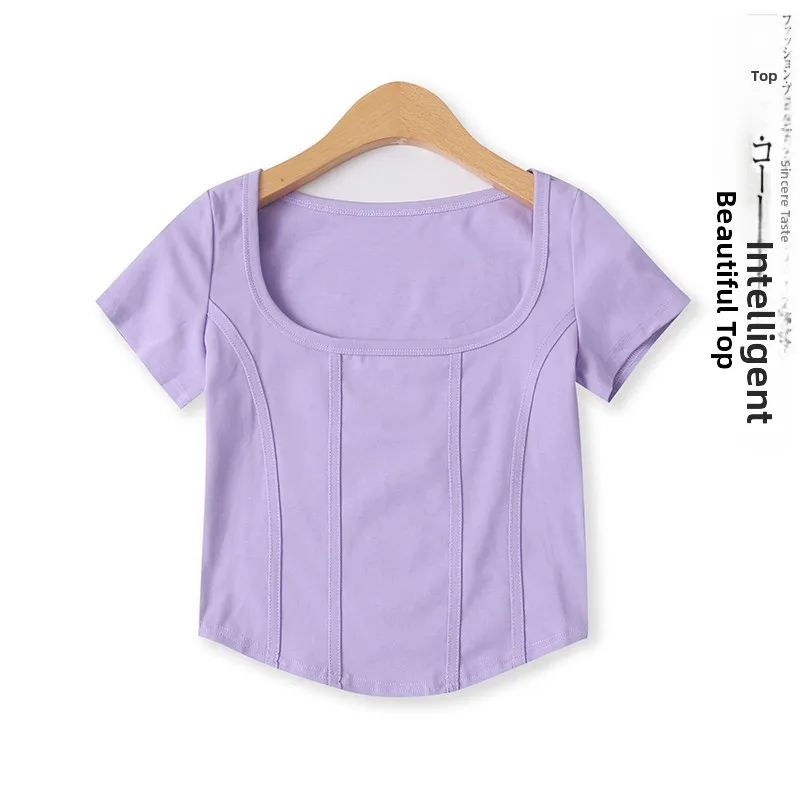 

Candy Colored Cotton T-Shirt Summer New Style Women's Versatile Short Slimming Overhead Fishbone Row Short Sleeve Top
