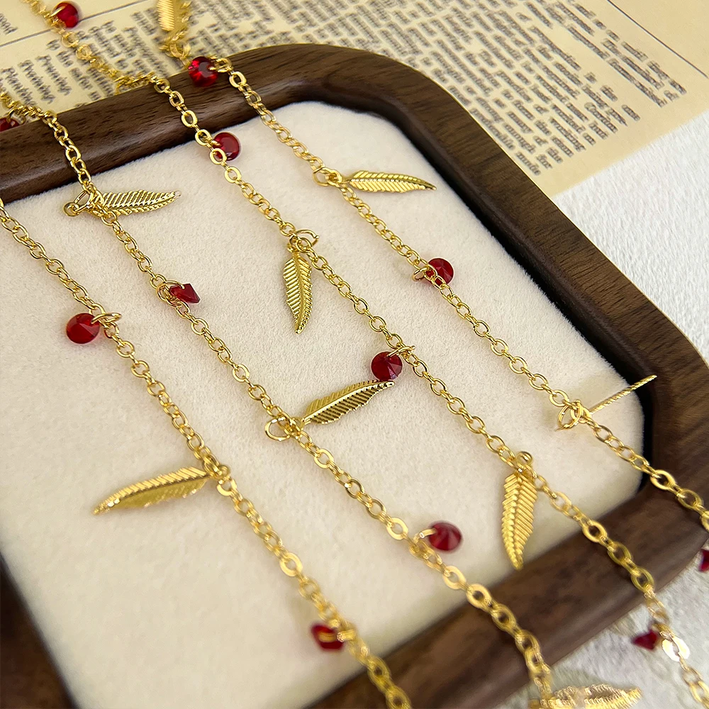 0.5Meter 1Meter Red Crystal Beaded Chain Leave Cross Charm Link Copper Chains DIY Necklace Bracelet Costume Jewelry Making