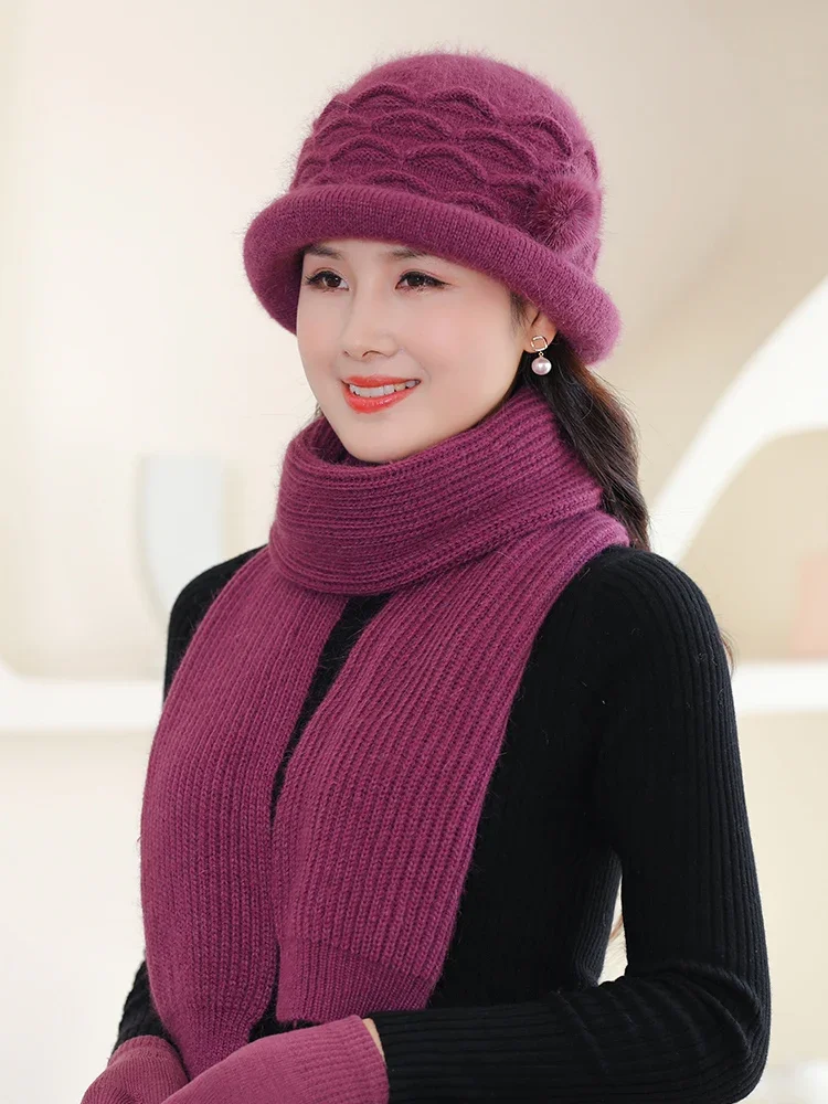 Middle-aged and Elderly Mother Hat Woman Autumn and Winter New Thick Warm Rabbit Hair Hat with Velvet Ear Protection Wool Hat