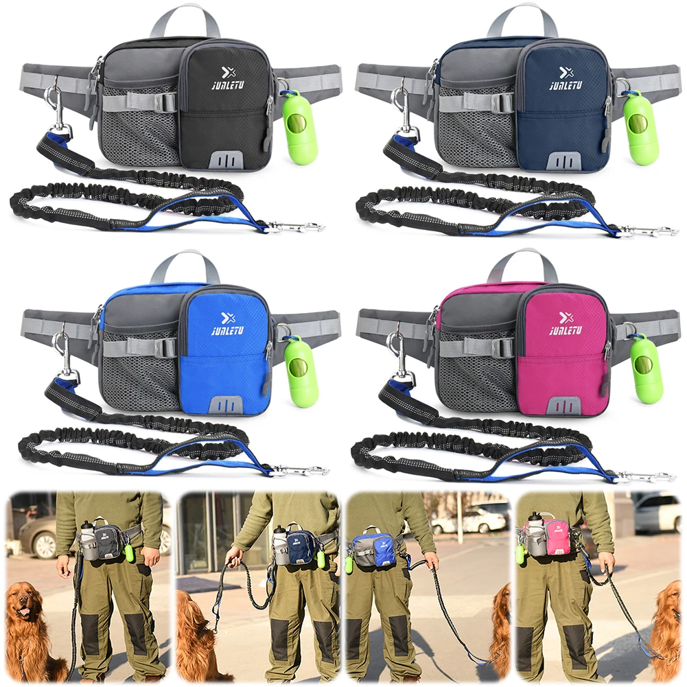 Retractable Hands Free Dog Leash with Waist Bag Reflective Stitches Phone Pouch Waist Pouch for Walking Jogging Running Your Dog