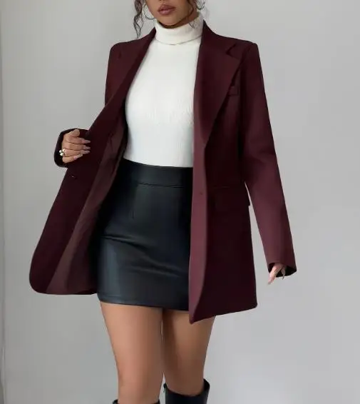 

Women's Suit Classic Edition Wine Red Simple Temperament Style Flip Collar Single Breasted Front Loose Long Sleeve Suit Coat