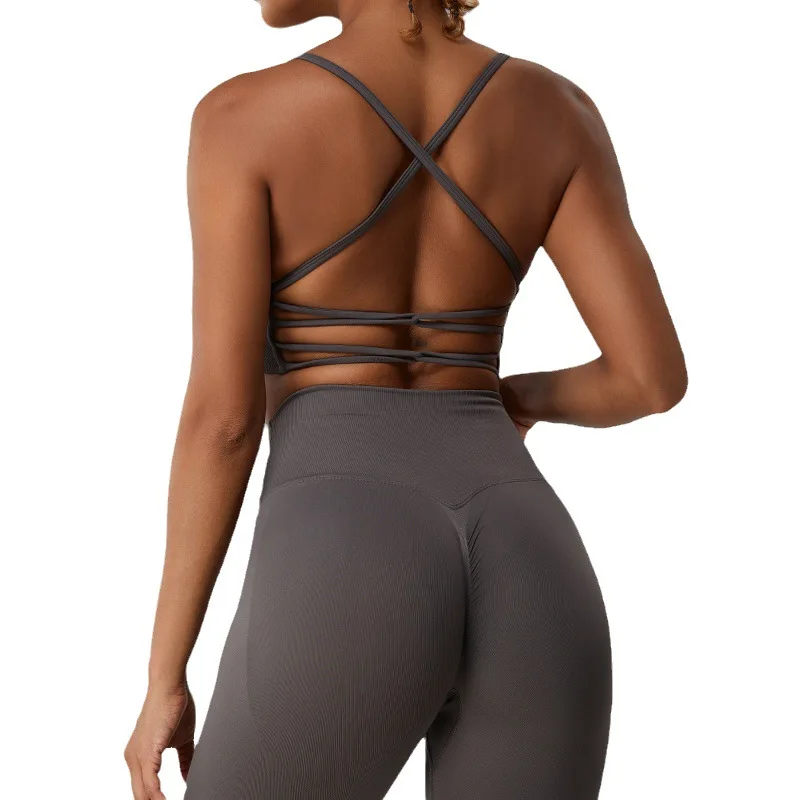 Yj-nova roupa íntima esportiva sem costura feminina alça fina cruzando beleza costas yoga colete sutiã esportivo fitness top