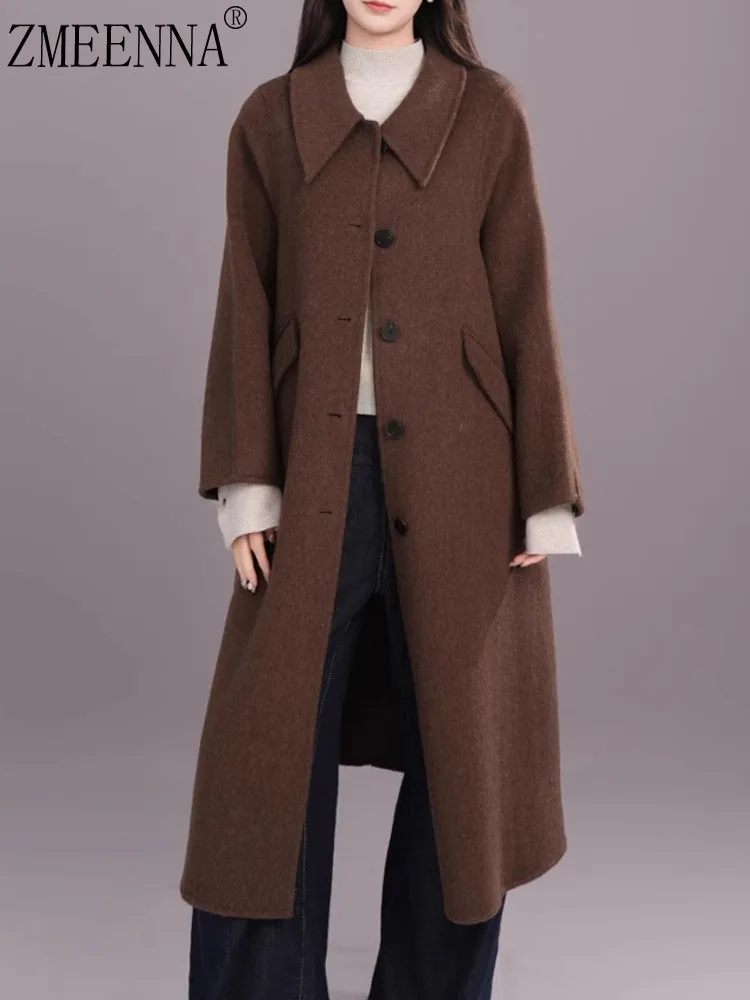 

ZMEENNA Elegant Ladies Mid Length Wool Blend Overcoat Button Front With Turn Down Collar Casual Winter Outerwear ZM3564