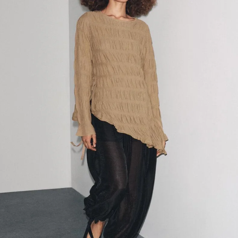 Faionable Gestrickte Lange Sve Runde Ne Plissee Damen Top Mit Gürtel Lässig Lose Polyester Faser Atmungsaktiv Bequem